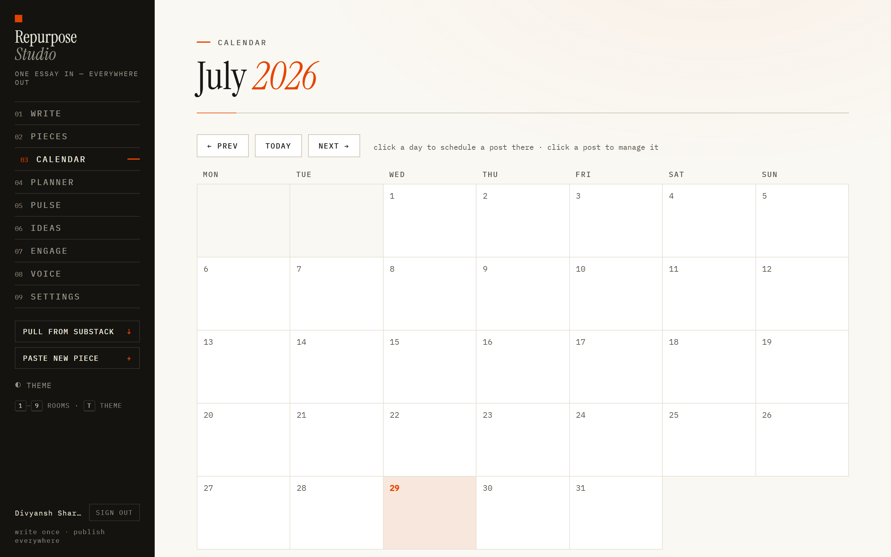 Repurpose Studio — Calendar — what ships, and when