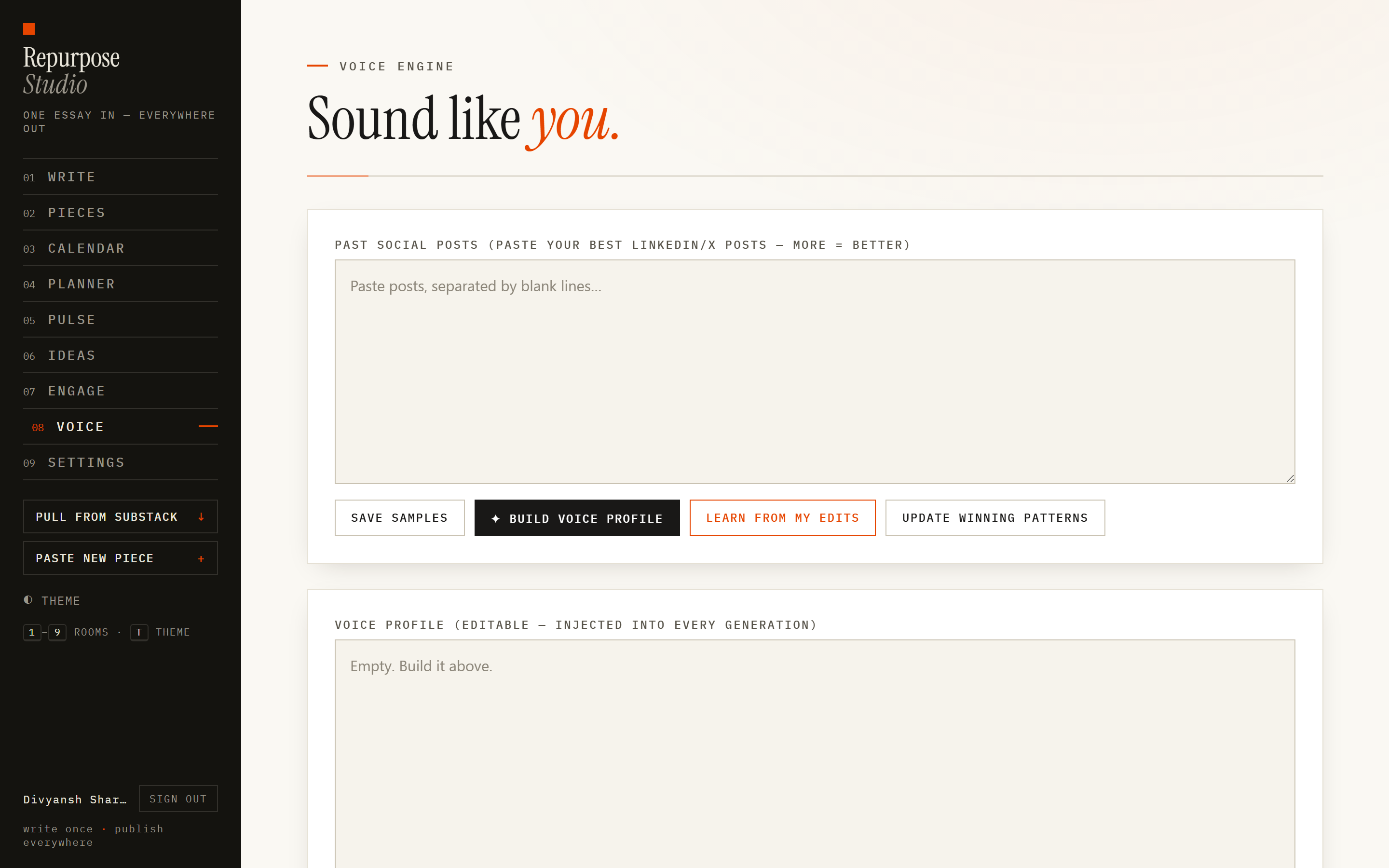 Repurpose Studio — Voice — the profile drafts are written against