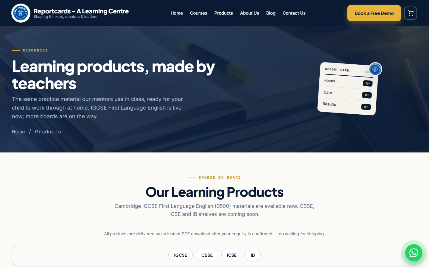 reportcards.in Products on desktop