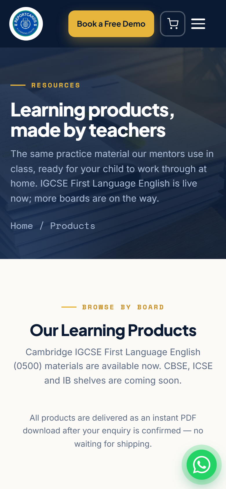 reportcards.in Products on mobile