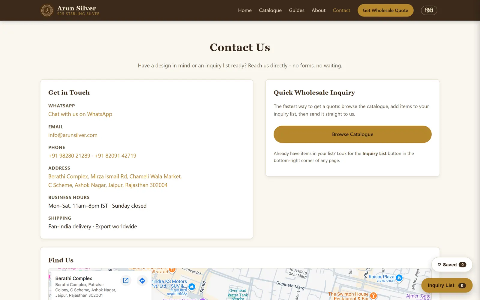 Arun Silver - Contact, with the real storefront address and a Maps embed pinned to the client’s business listing.