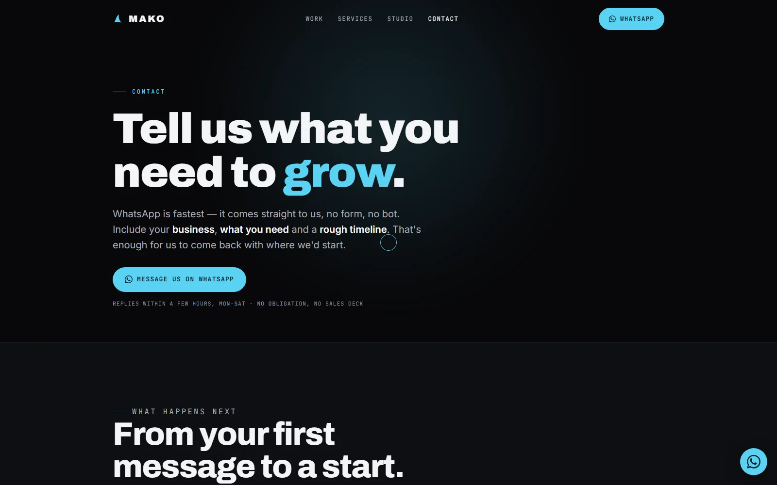 MAKO - Contact. One WhatsApp button, no form, no bot - every CTA on the site links here.