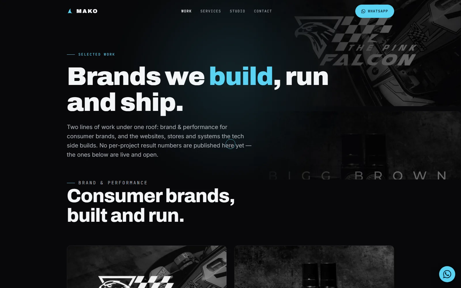 MAKO - Work, split into two lanes: consumer brands run on retainer, and the websites/tech side - Reportcards, Arun Silver, ShutterArc, Greenlight - built and shipped by this studio.