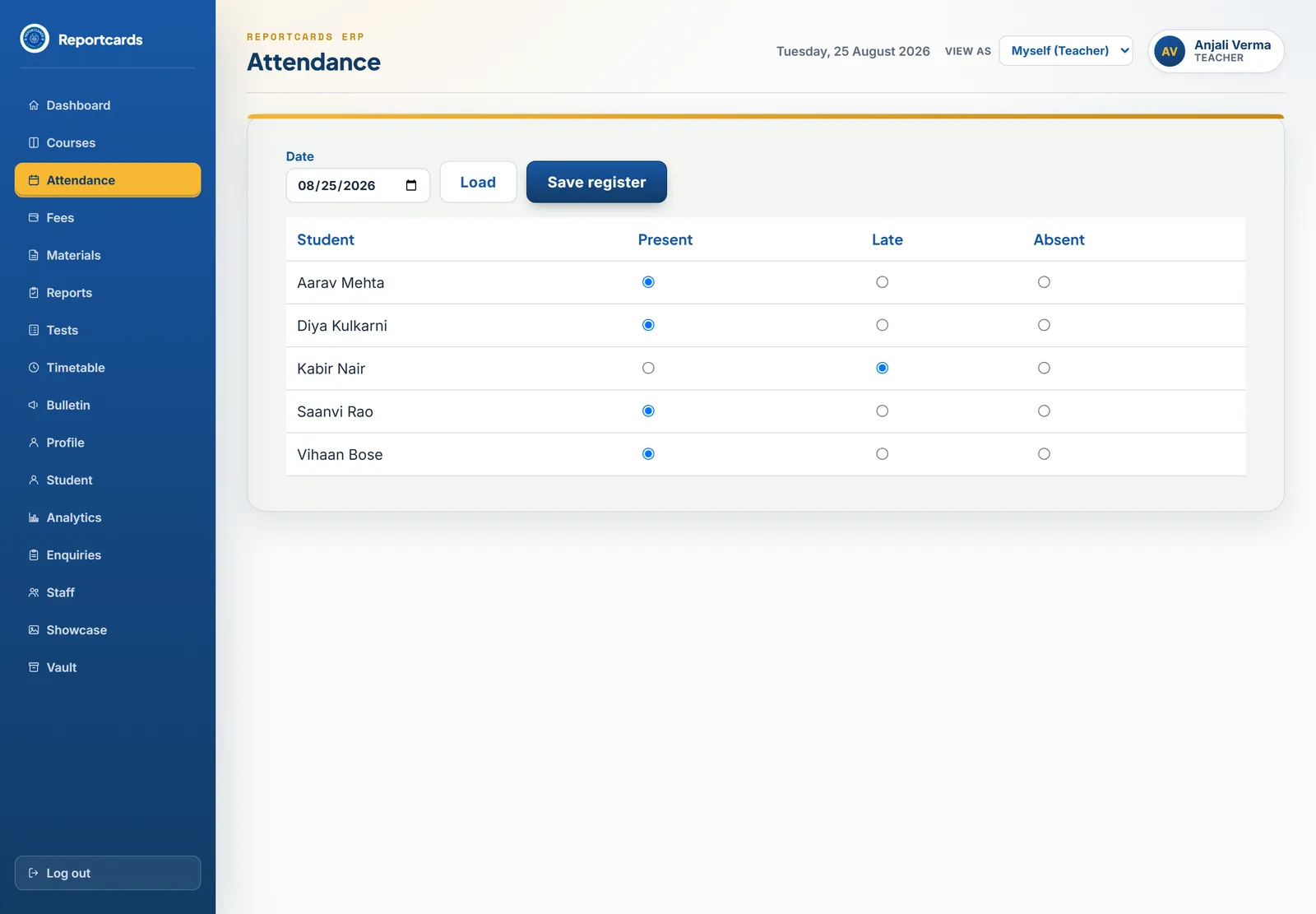Reportcards ERP - The daily register. Present, late or absent per student, marked by the teacher.