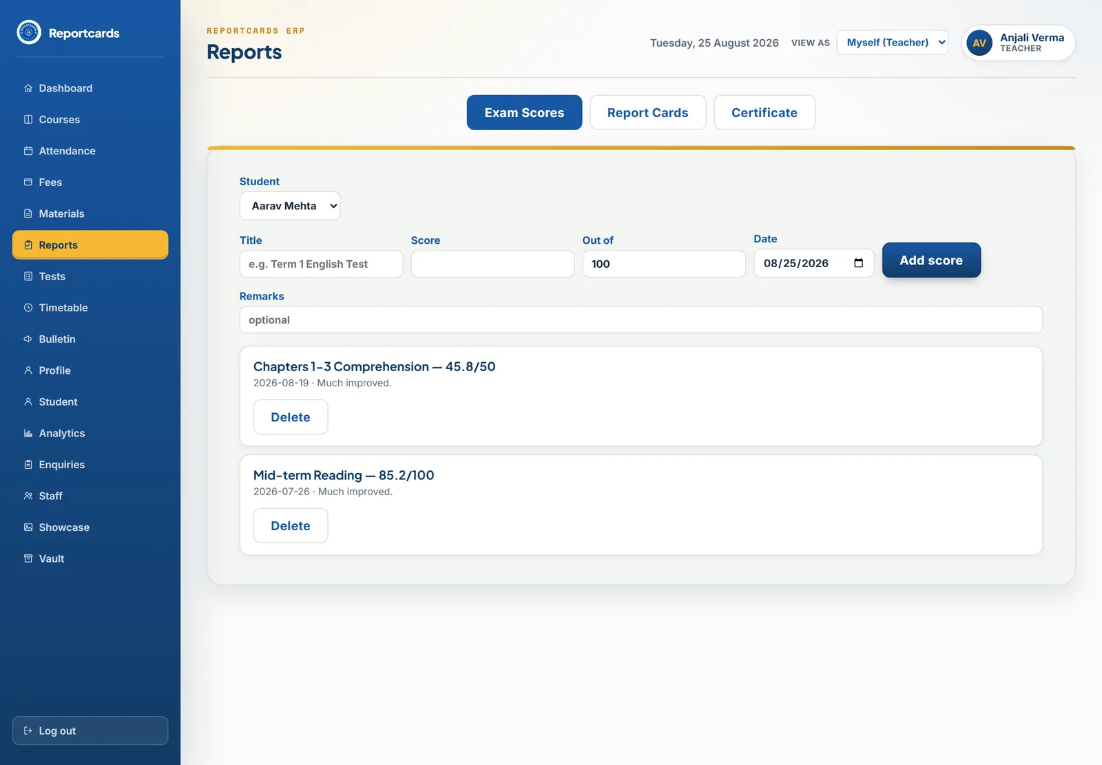 Reportcards ERP - Exam scores and printable report cards, rendered through the browser rather than a paid PDF service.